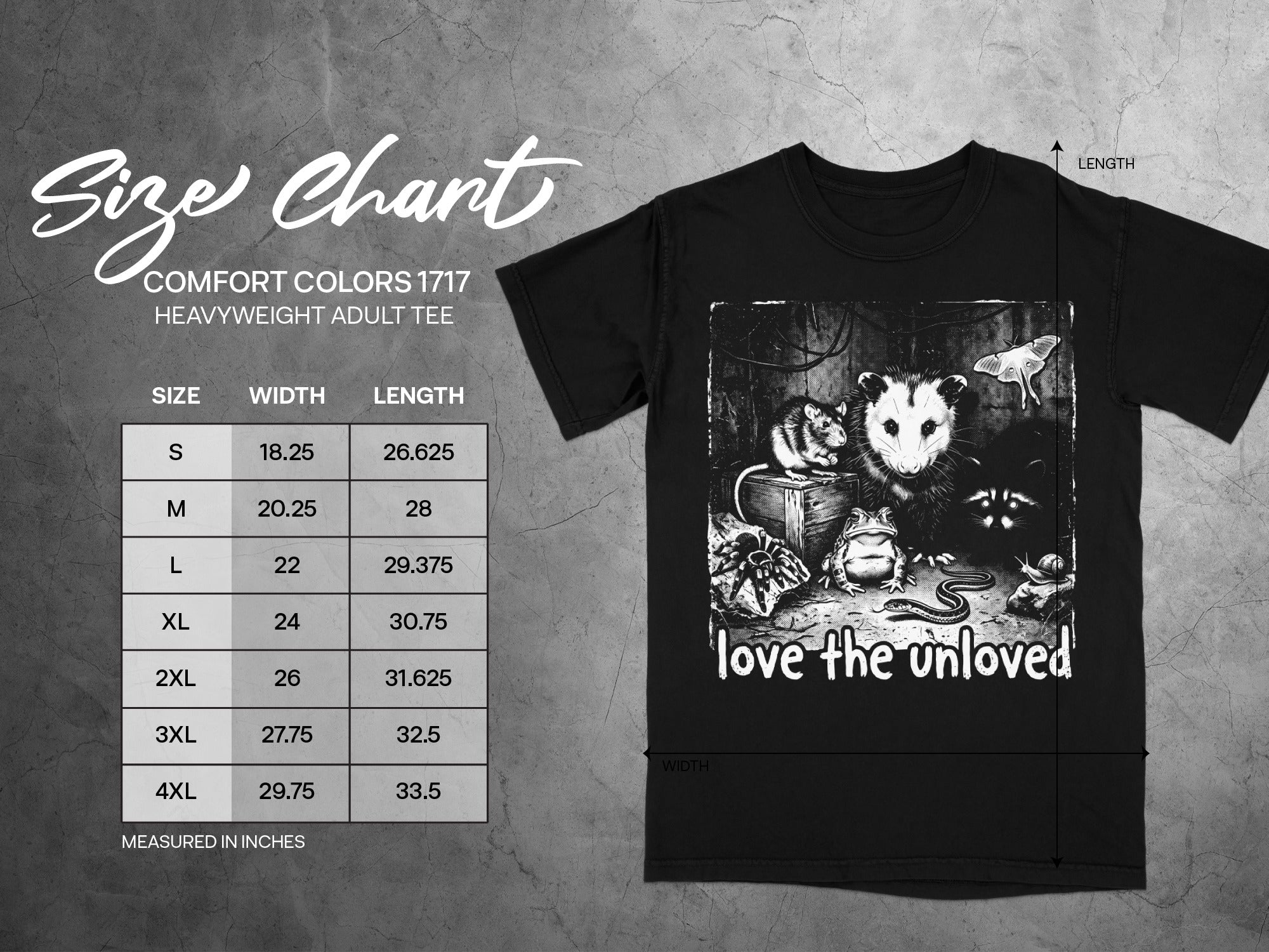 Black t-shirt with "love the unloved" graphic and size chart.