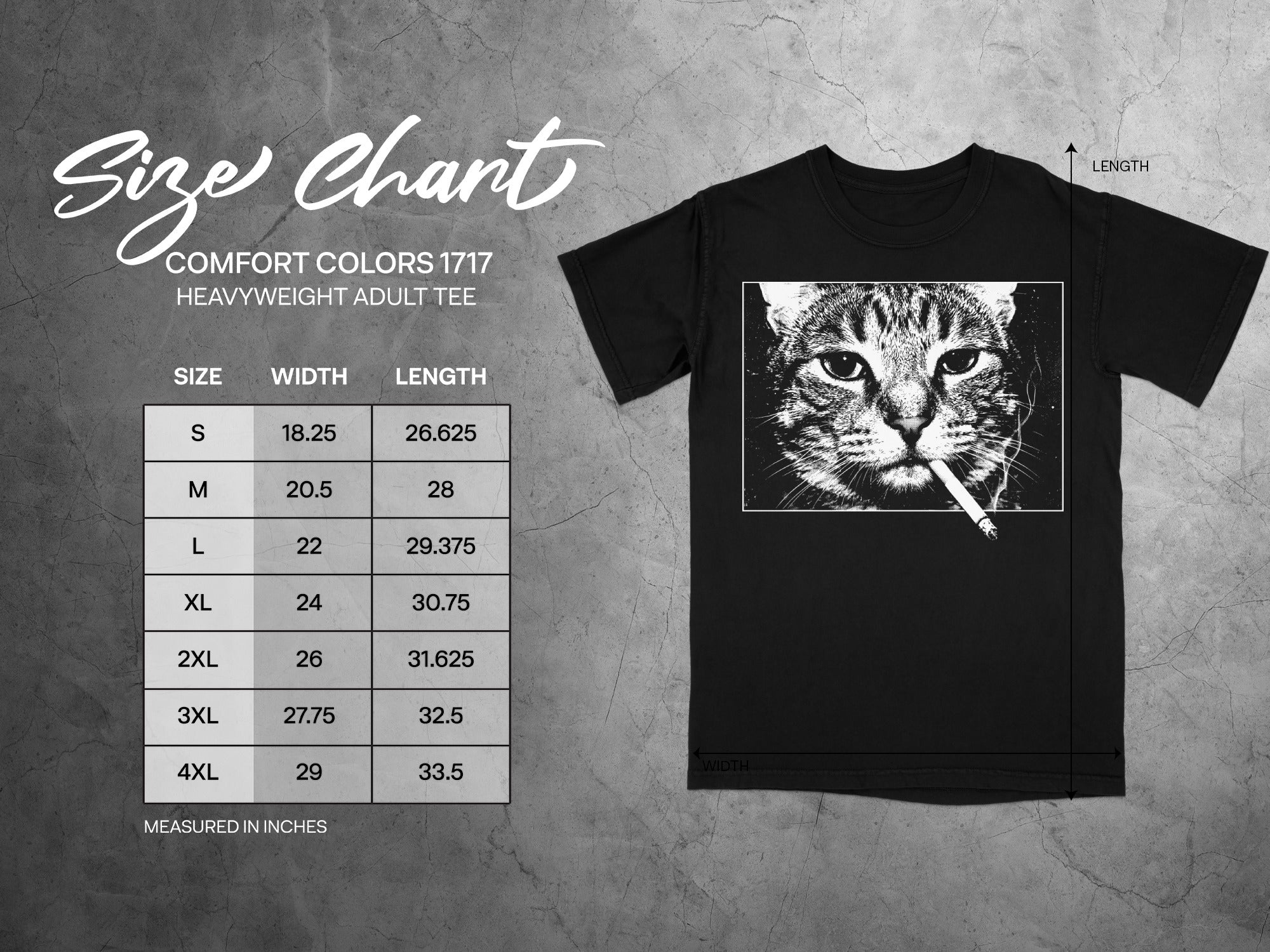 Comfort Colors 1717 garment size chart in inches.