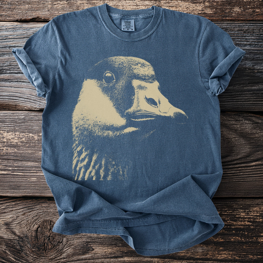 Blue t-shirt with vintage duck graphic and Comfort Colors tag.