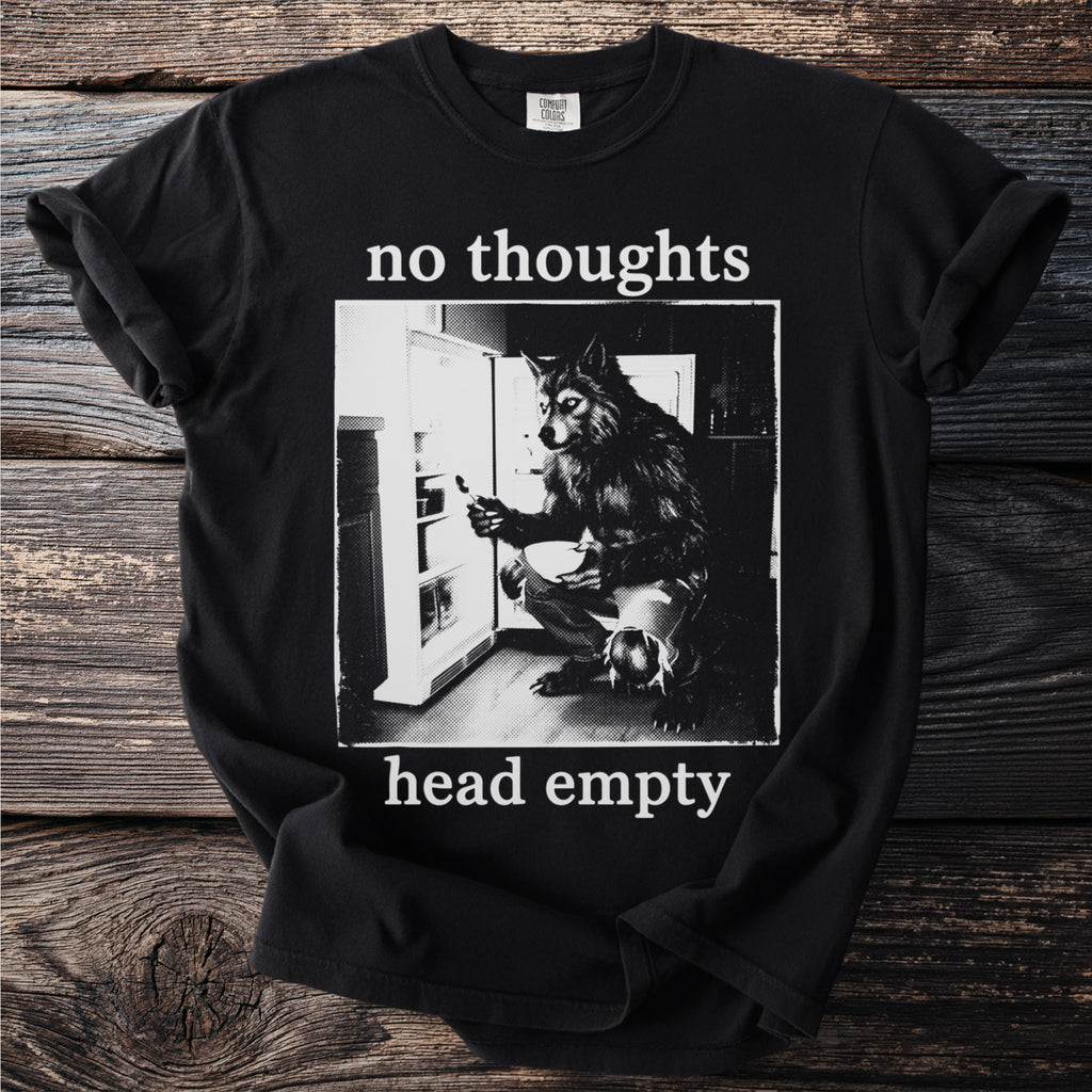 Black t-shirt with wolf at open refrigerator and text "no thoughts head empty."