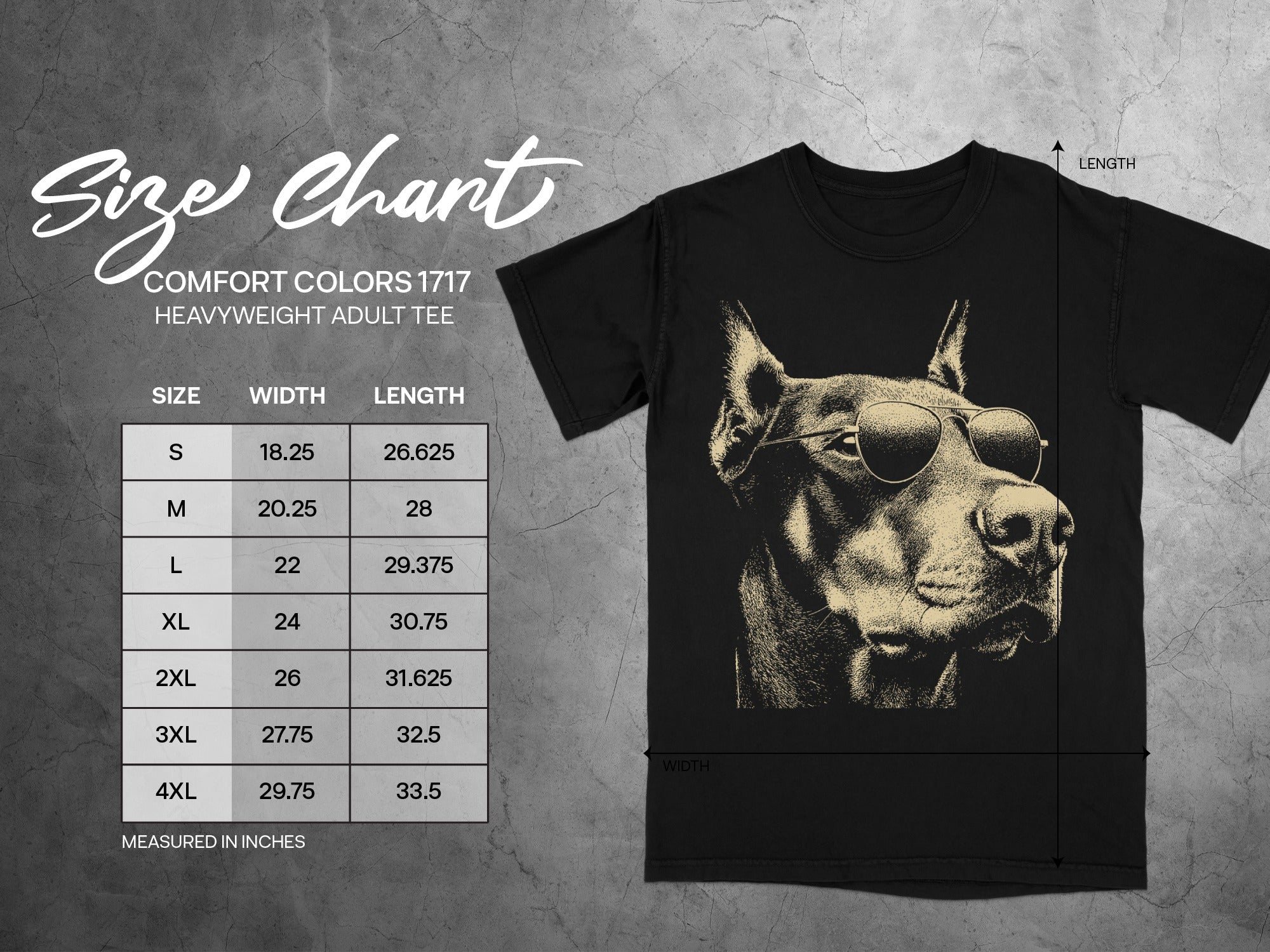 Size chart for Comfort Colors 1717 heavyweight adult tee with dog graphic.