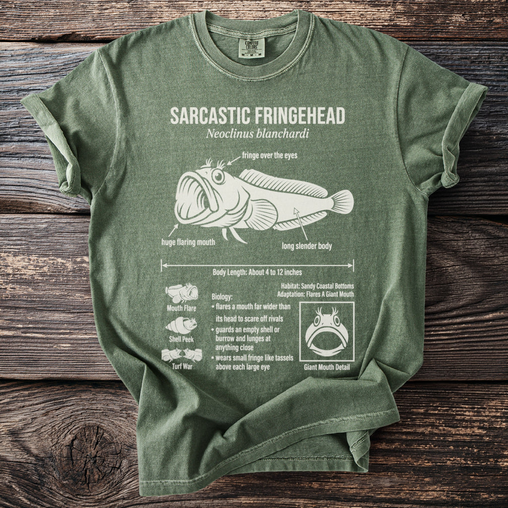 Sarcastic Fringehead t-shirt with scientific and biological details about the fish.