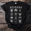 Black t-shirt with "SPIDERS AN ILLUSTRATED STUDY OF THE ARACHNID WORLD" and 12 spider illustrations.