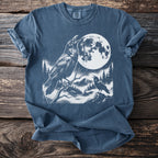 T-shirt with white graphic of two ravens, mountains, and a full moon.