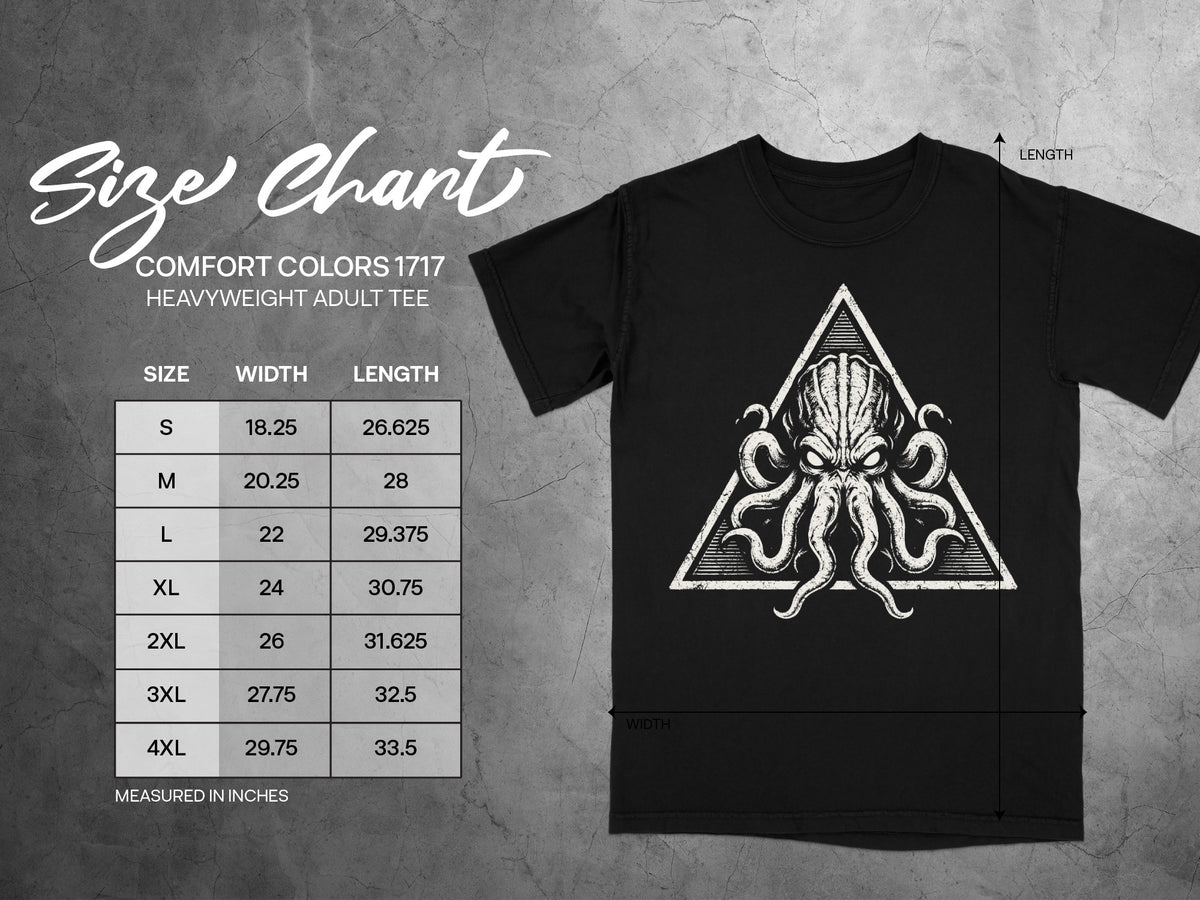 Comfort Colors 1717 heavyweight adult tee size chart with octopus graphic.