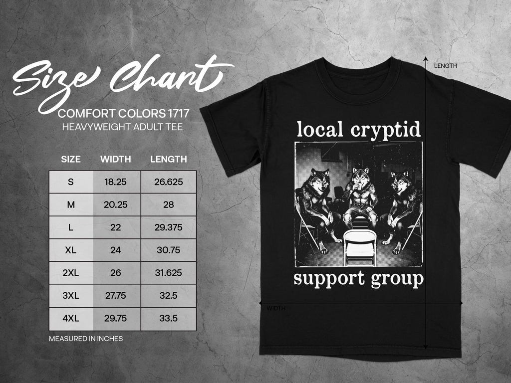 Black t-shirt size chart for Comfort Colors 1717 heavyweight adult tee.