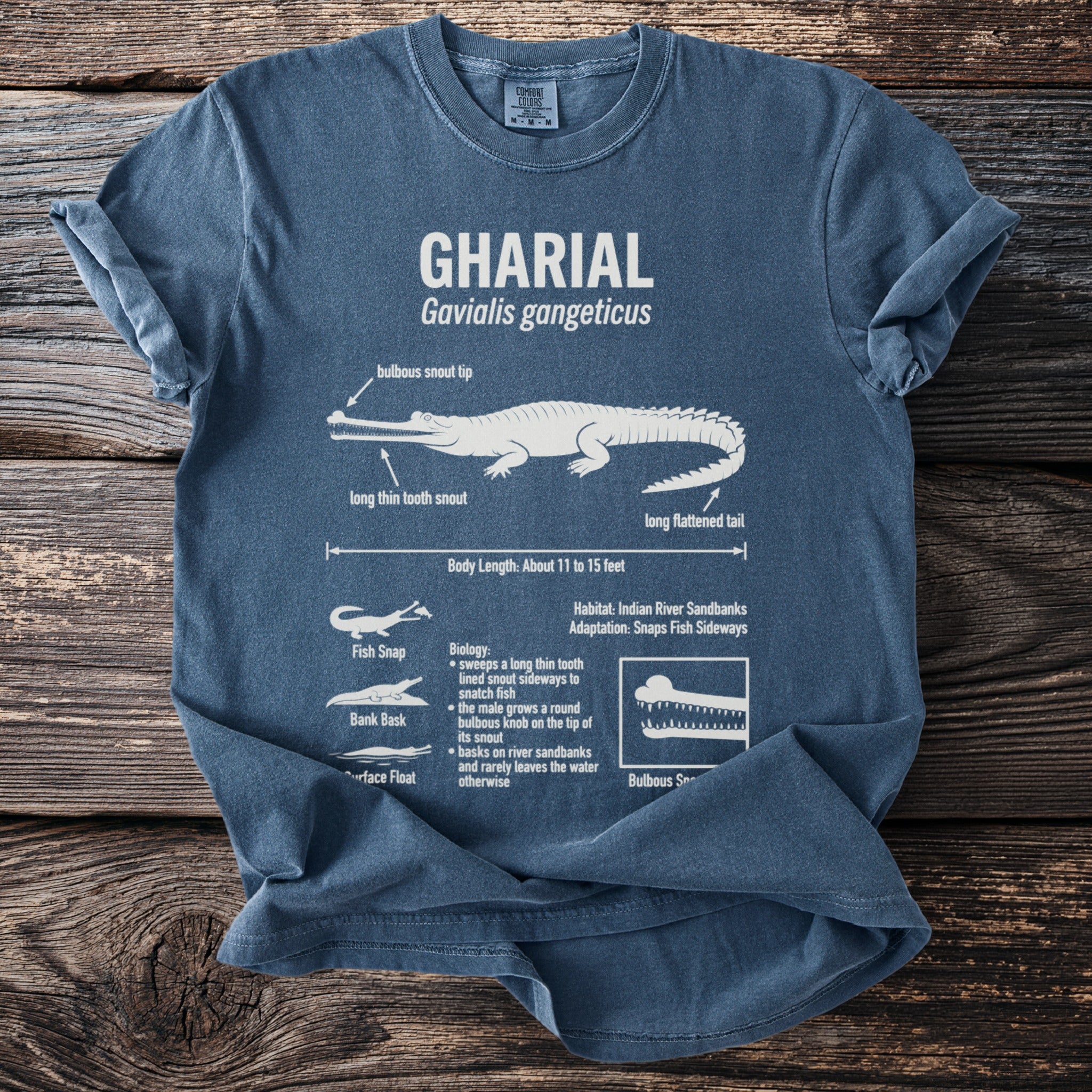 Blue t-shirt with scientific illustration and facts about the Gharial.