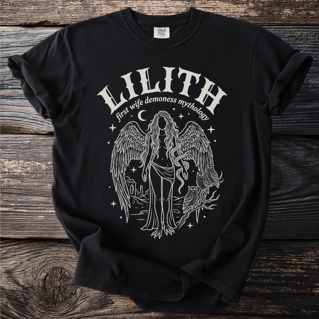 Black t-shirt with "Lilith first wife demoness mythology" text and a winged figure with owls.