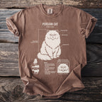 Brown t-shirt featuring large cream graphic of Persian cat anatomy and biology.