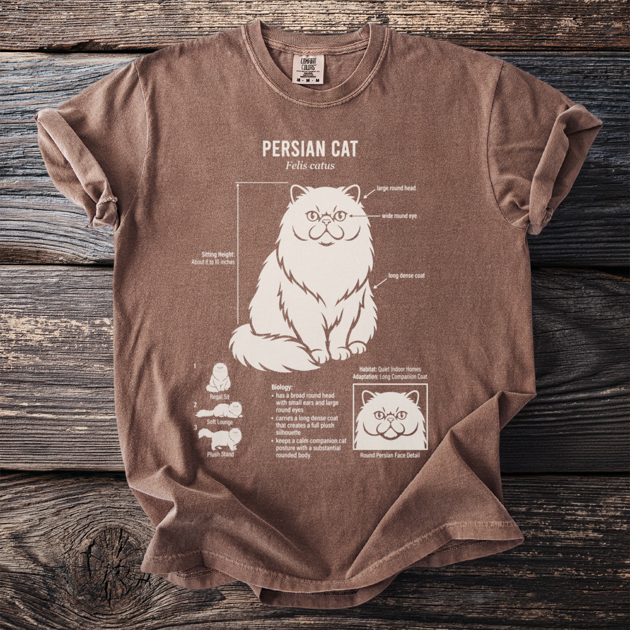 Brown t-shirt featuring large cream graphic of Persian cat anatomy and biology.