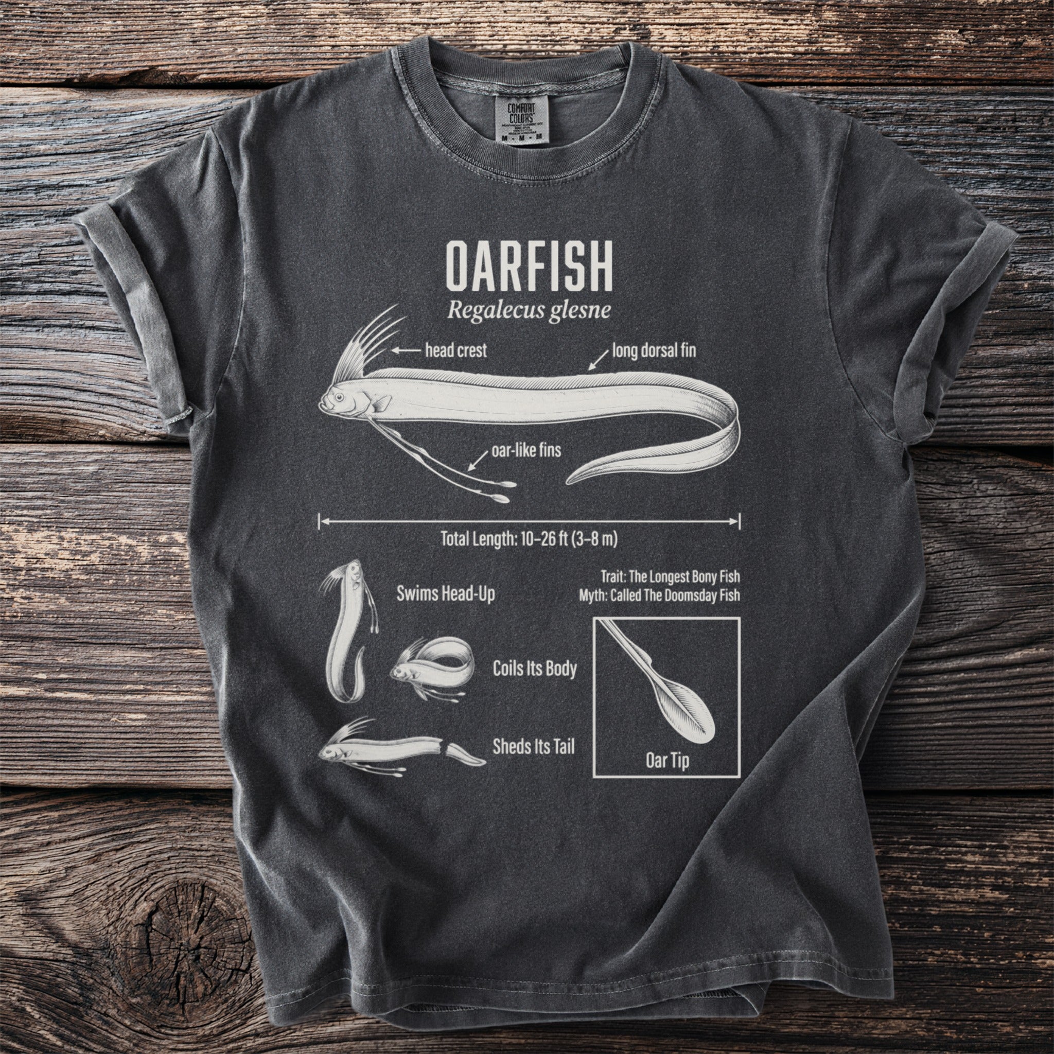 Dark t-shirt featuring an Oarfish diagram with scientific and descriptive text.