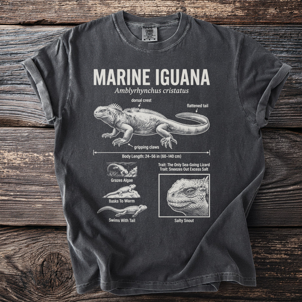 Dark t-shirt with "Marine Iguana" graphic detailing its anatomy and behaviors.