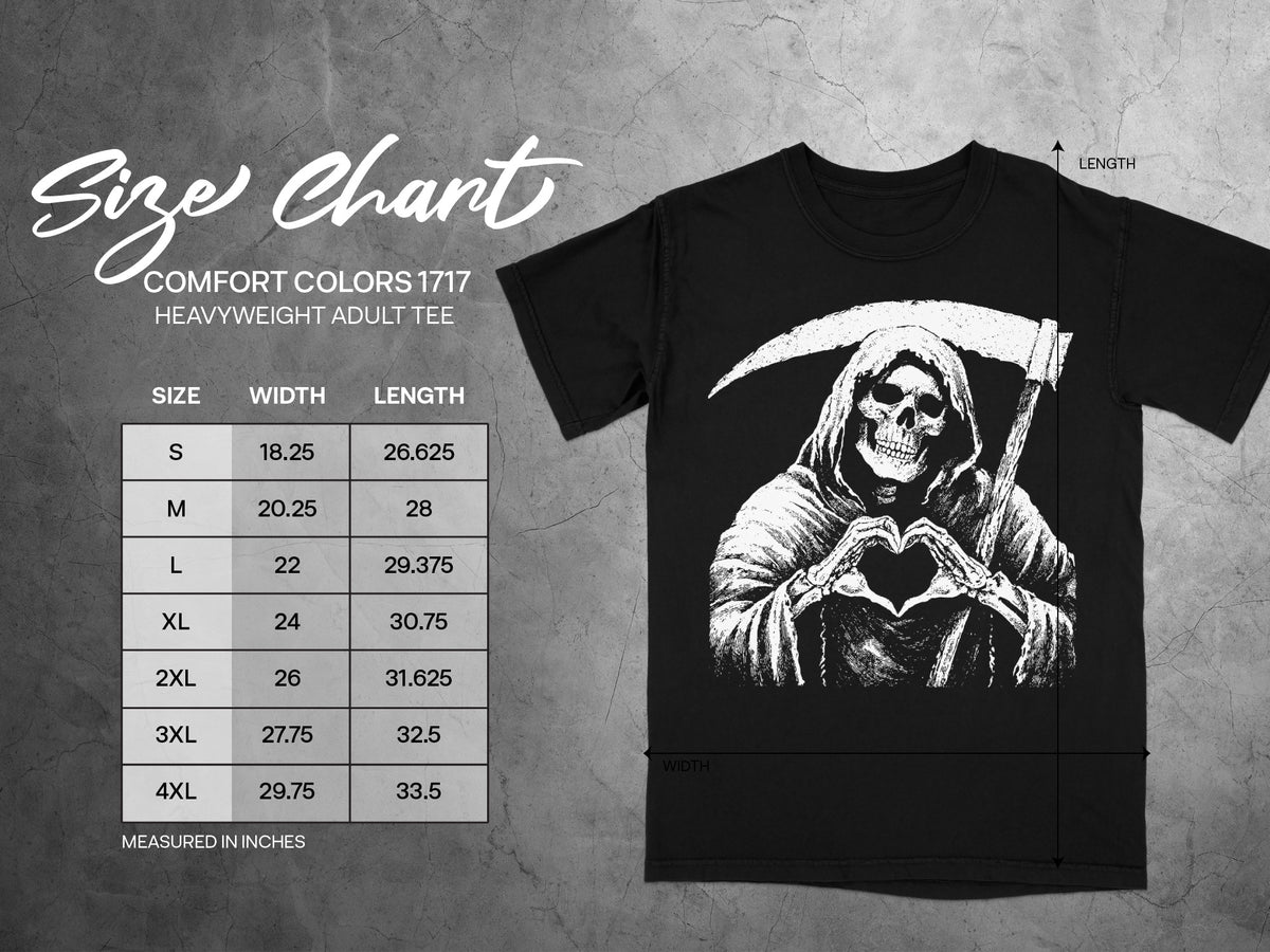 Comfort Colors 1717 heavyweight adult tee size chart with width and length measurements in inches.