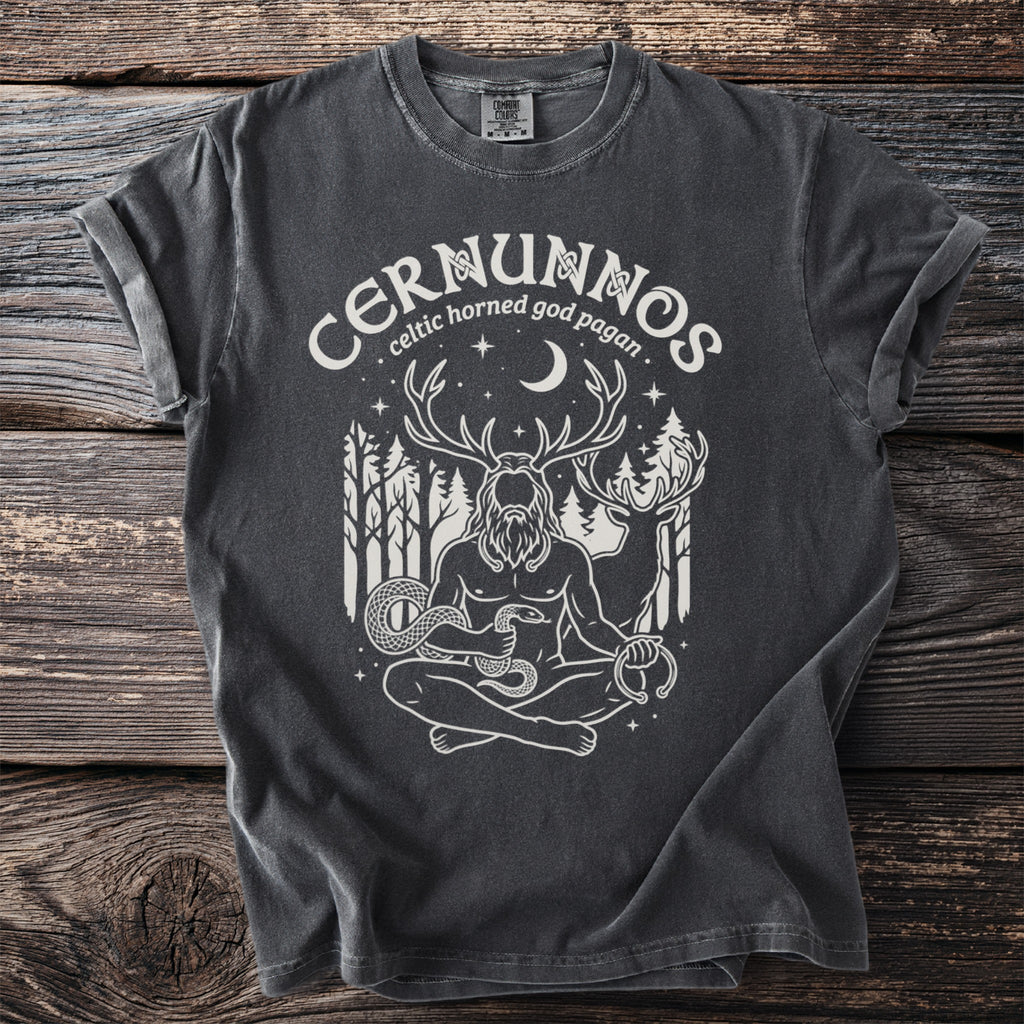 Dark grey t-shirt with white graphic of Cernunnos, Celtic horned god pagan, with snake.