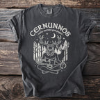 Dark grey t-shirt with white graphic of Cernunnos, Celtic horned god pagan, with snake.