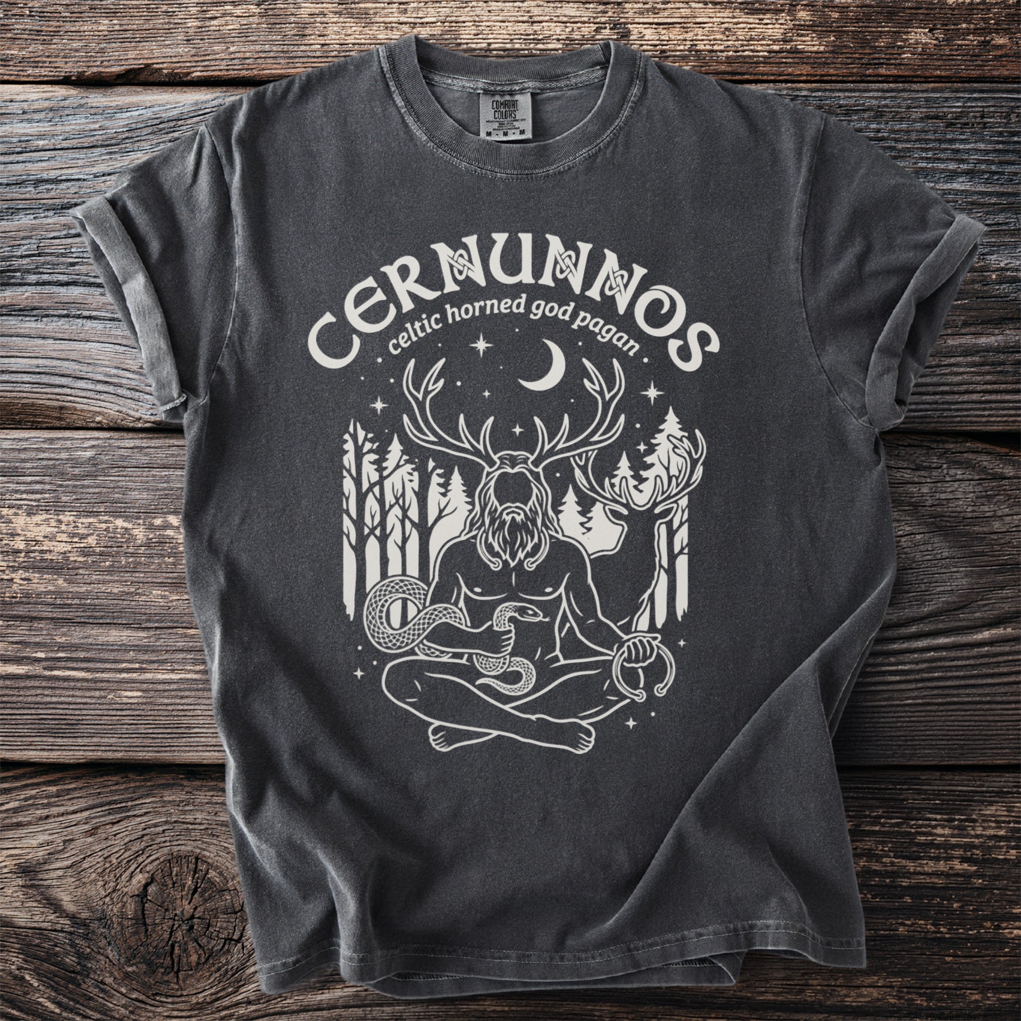 Dark grey t-shirt with white graphic of Cernunnos, Celtic horned god pagan, with snake.