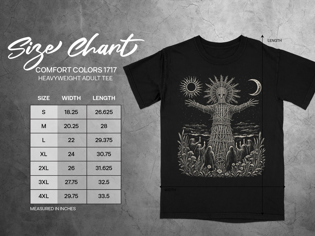 Comfort Colors 1717 adult tee size chart with width and length measurements in inches.
