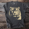 Dark grey t-shirt with a faded tan tiger face graphic.