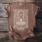 Brown t-shirt with a mystical seer, crystal ball, and tarot cards design.