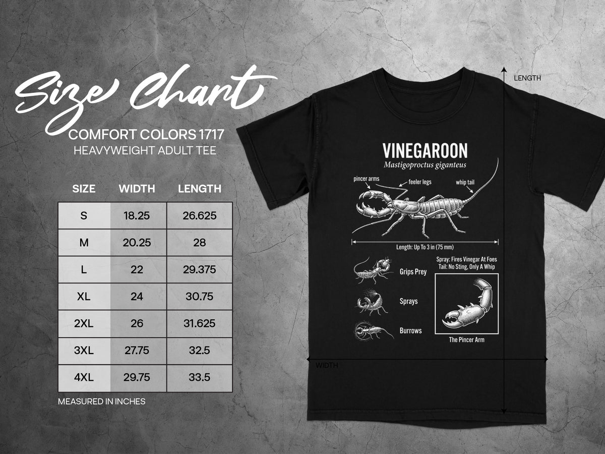 Vinegaroon illustration with size chart for Comfort Colors 1717 heavyweight adult tee.
