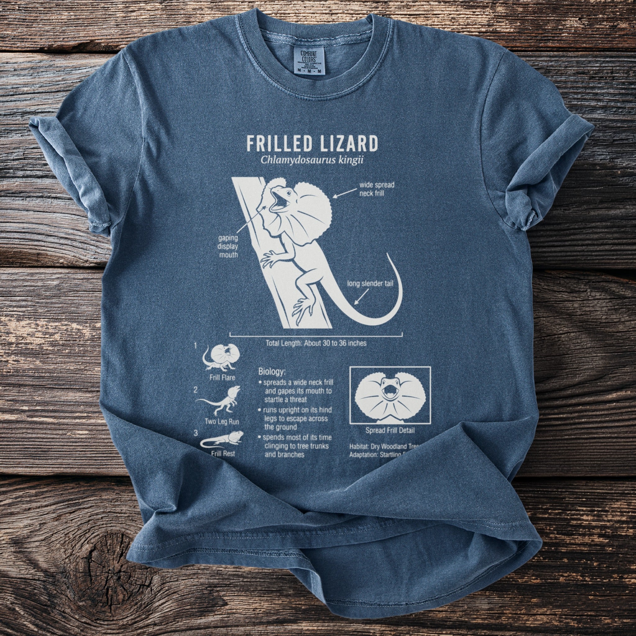 T-shirt with a white diagram of a frilled lizard and its biology.