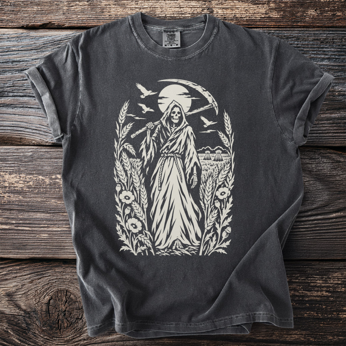 Grim reaper with scythe surrounded by wheat, flowers, and birds in a field.