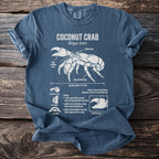 Blue t-shirt with white diagram of a coconut crab and its biology.