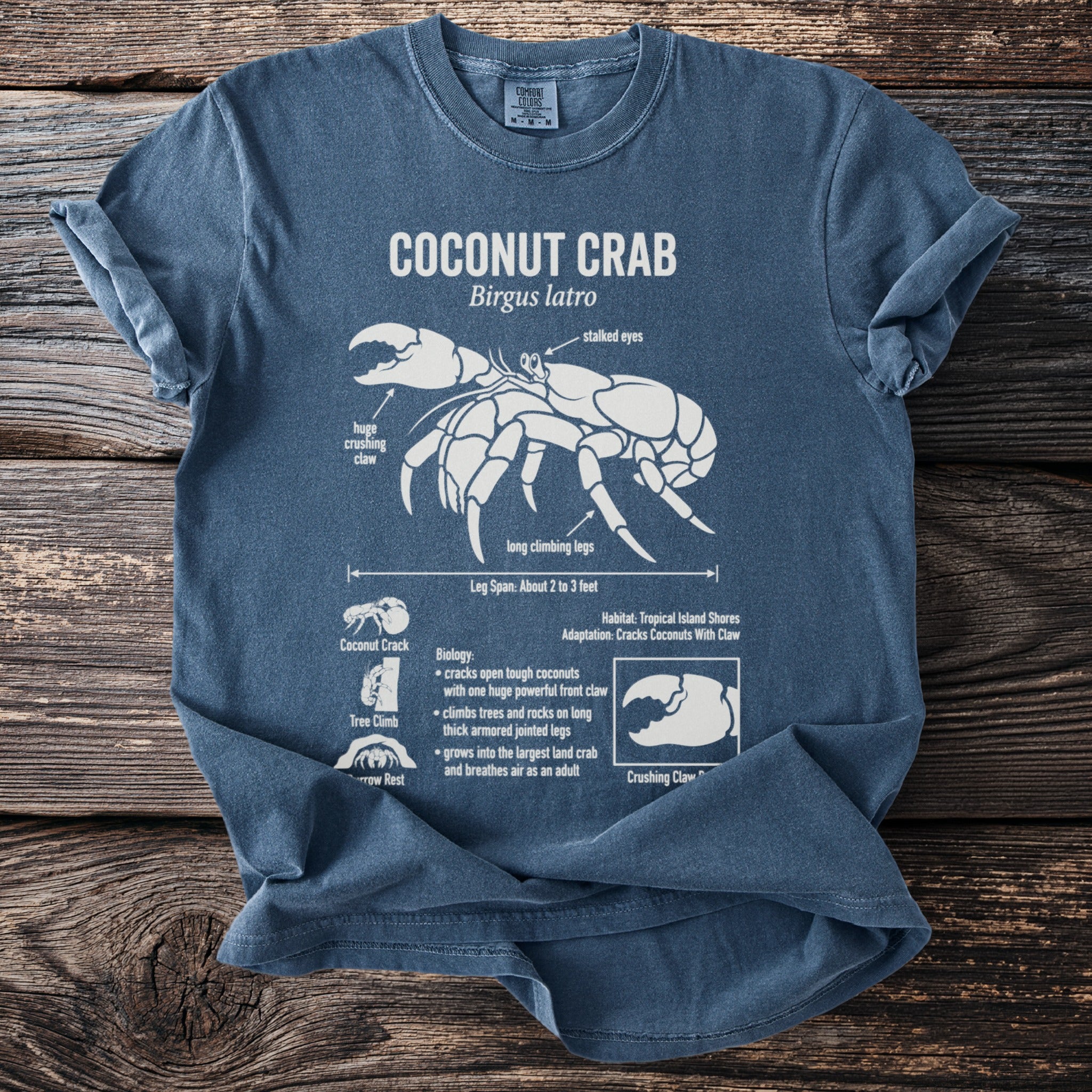 Blue t-shirt with white diagram of a coconut crab and its biology.