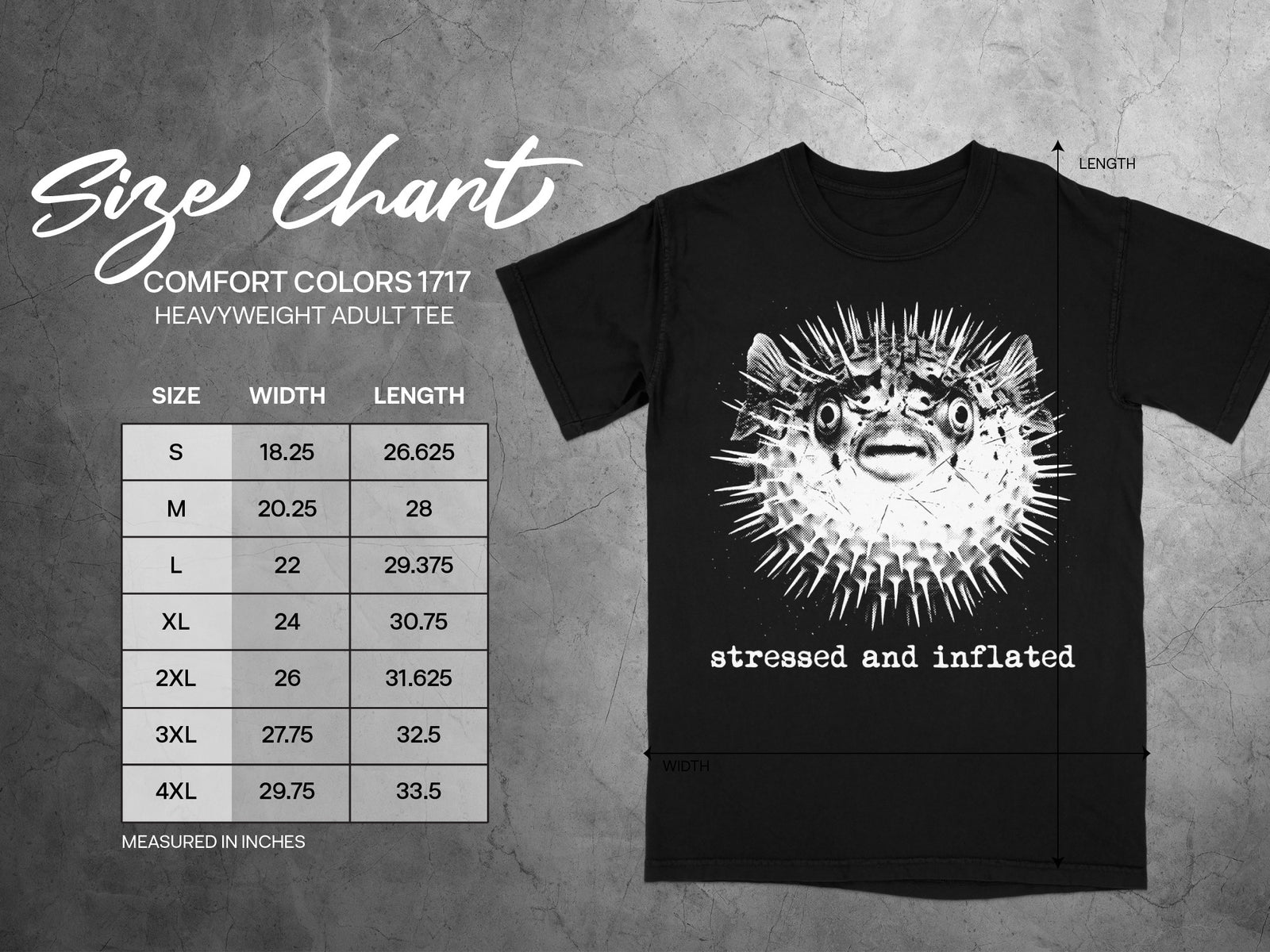 Comfort Colors 1717 size chart with pufferfish graphic and "stressed and inflated" text.