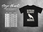 Black Comfort Colors size chart for heavyweight adult tee with "Scream Bloody Murder" graphic.