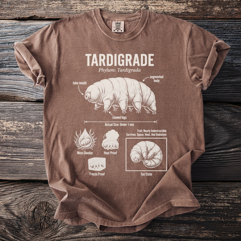 Brown t-shirt with tardigrade illustration and its characteristics labeled: segmented body, tube mouth, clawed legs.
