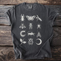 Dark grey t-shirt with a white print of various insects, a leaf, and a moon phase.