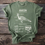 Green t-shirt with a Hoatzin bird illustration and fact labels.