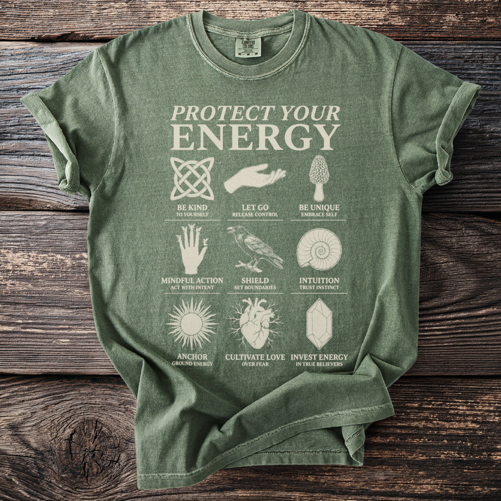 Green t-shirt with "PROTECT YOUR ENERGY" and 9 symbols.