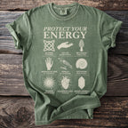 Green t-shirt with "PROTECT YOUR ENERGY" and 9 symbols.