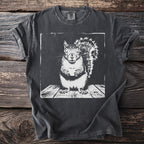 Dark grey t-shirt with a white graphic of a squirrel holding a cup on a wooden surface.