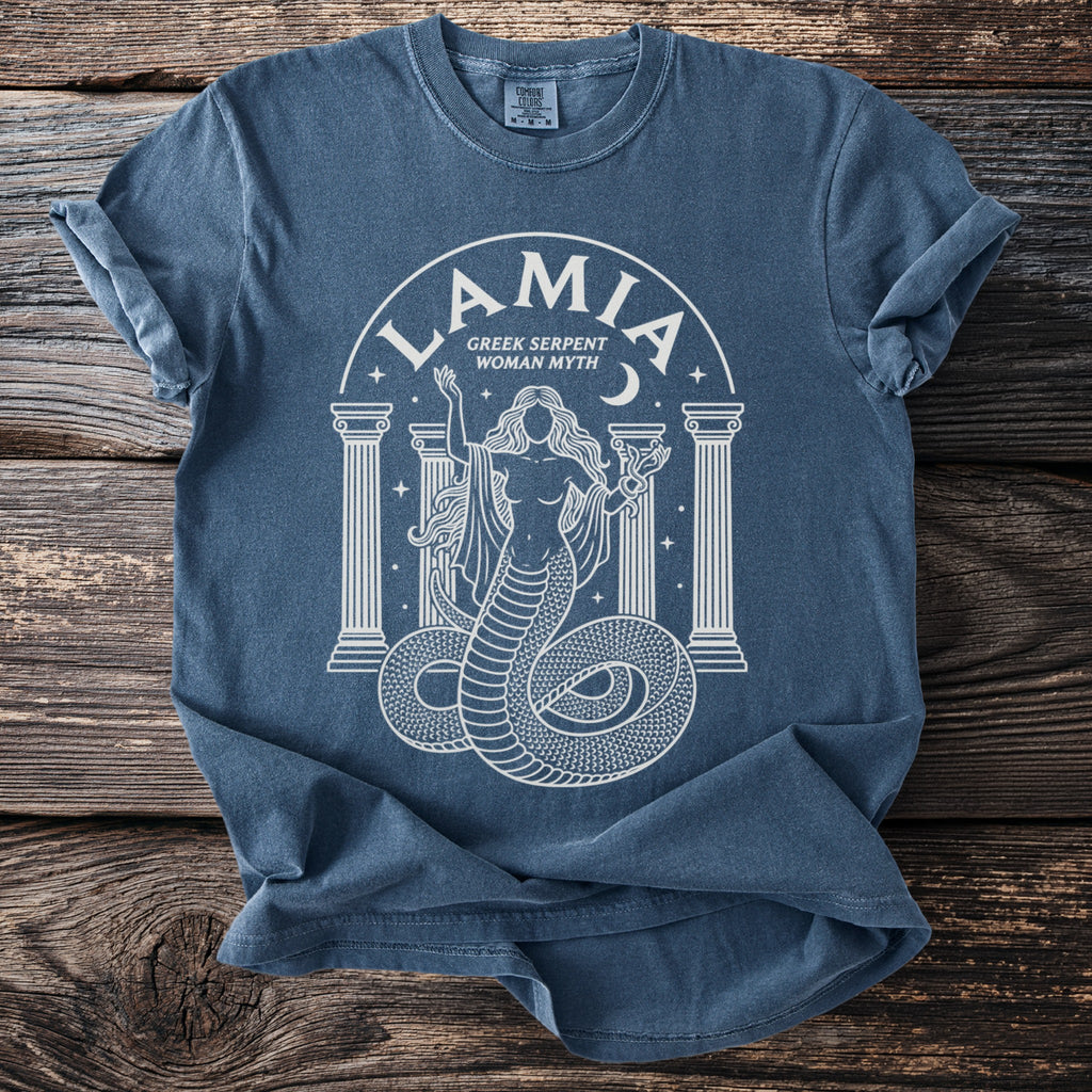 Greek myth graphic of Lamia, a serpent woman, with columns and moon.