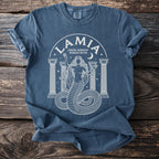 Greek myth graphic of Lamia, a serpent woman, with columns and moon.