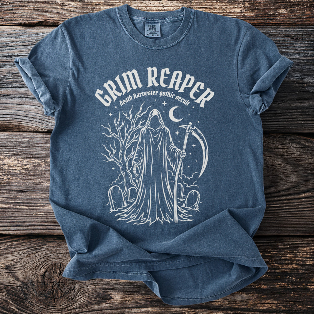Blue t-shirt with white Grim Reaper graphic and text.