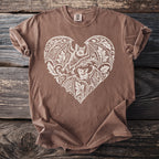 Brown t-shirt with a white heart-shaped bat and floral design.