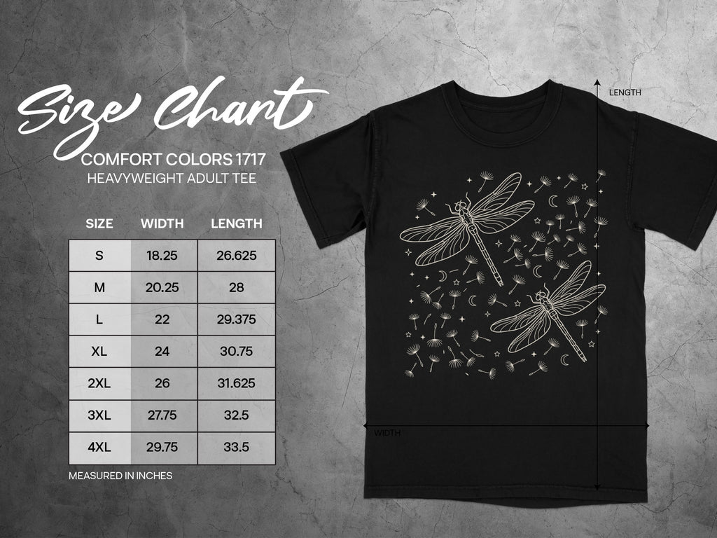 Comfort Colors 1717 heavyweight adult tee size chart with dragonfly design. Measured in inches.