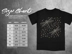Comfort Colors 1717 heavyweight adult tee size chart with dragonfly design. Measured in inches.