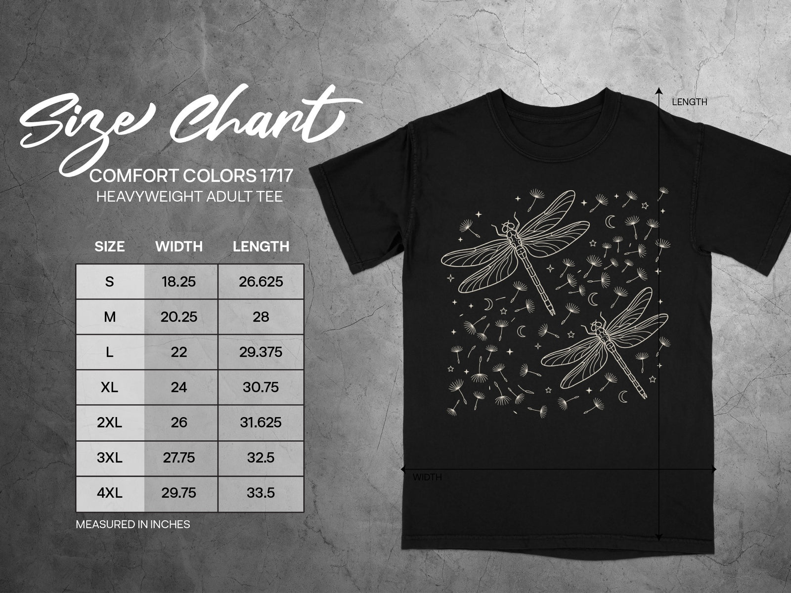 Comfort Colors 1717 heavyweight adult tee size chart with dragonfly design. Measured in inches.