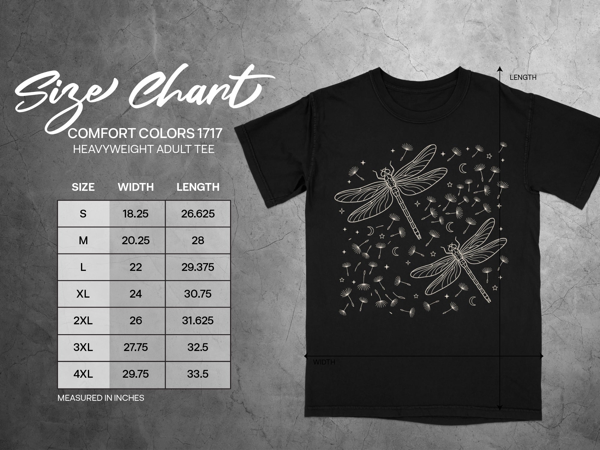 Comfort Colors 1717 heavyweight adult tee size chart with dragonfly design. Measured in inches.