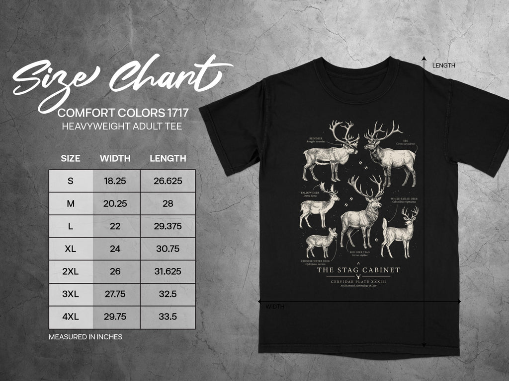 Comfort Colors 1717 size chart with illustrations of various deer species.