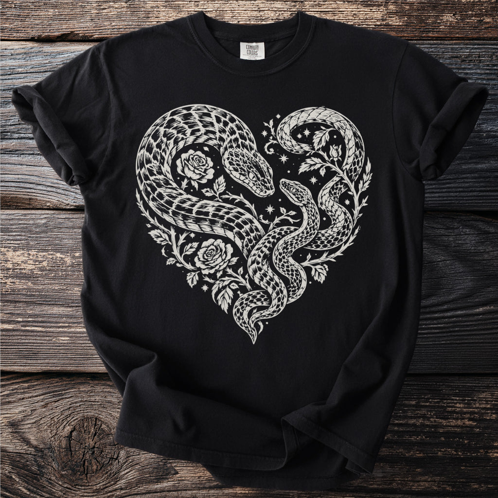 Black t-shirt with white heart-shaped snake and rose graphic.