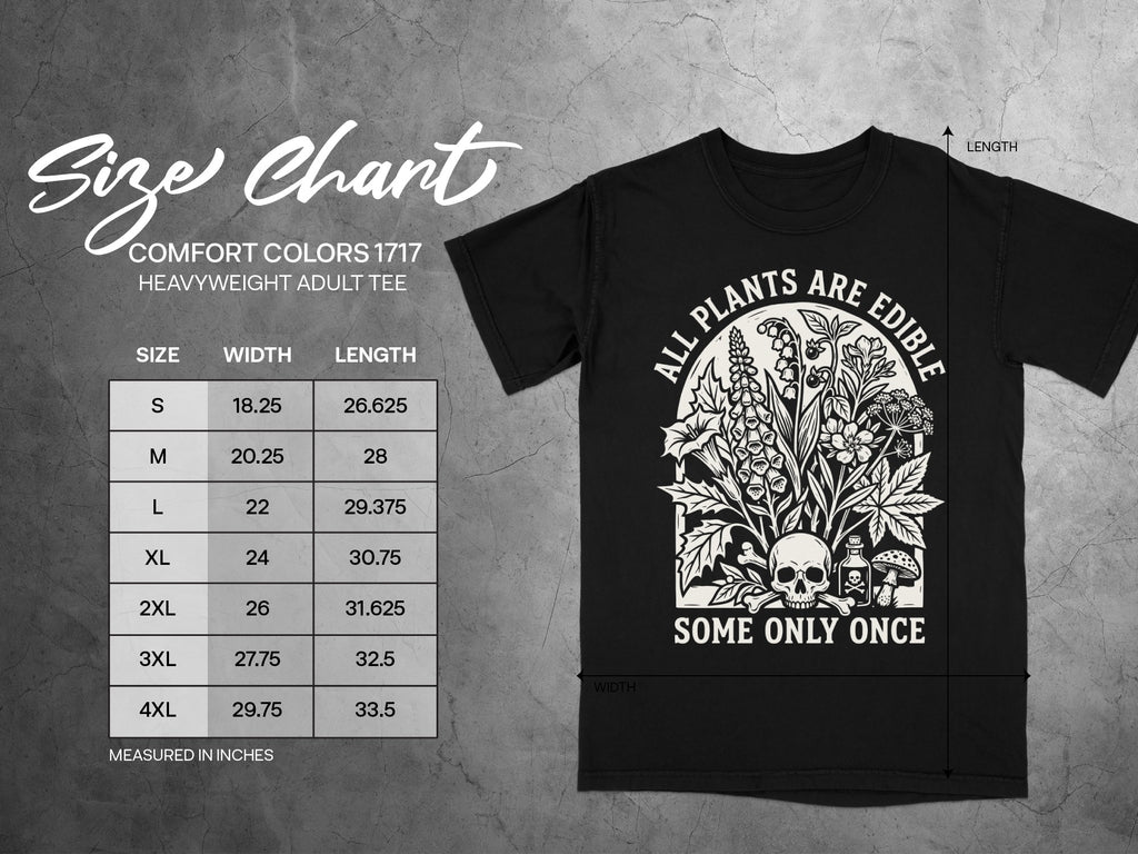 Size chart for black Comfort Colors 1717 heavyweight adult tee with floral skull graphic.