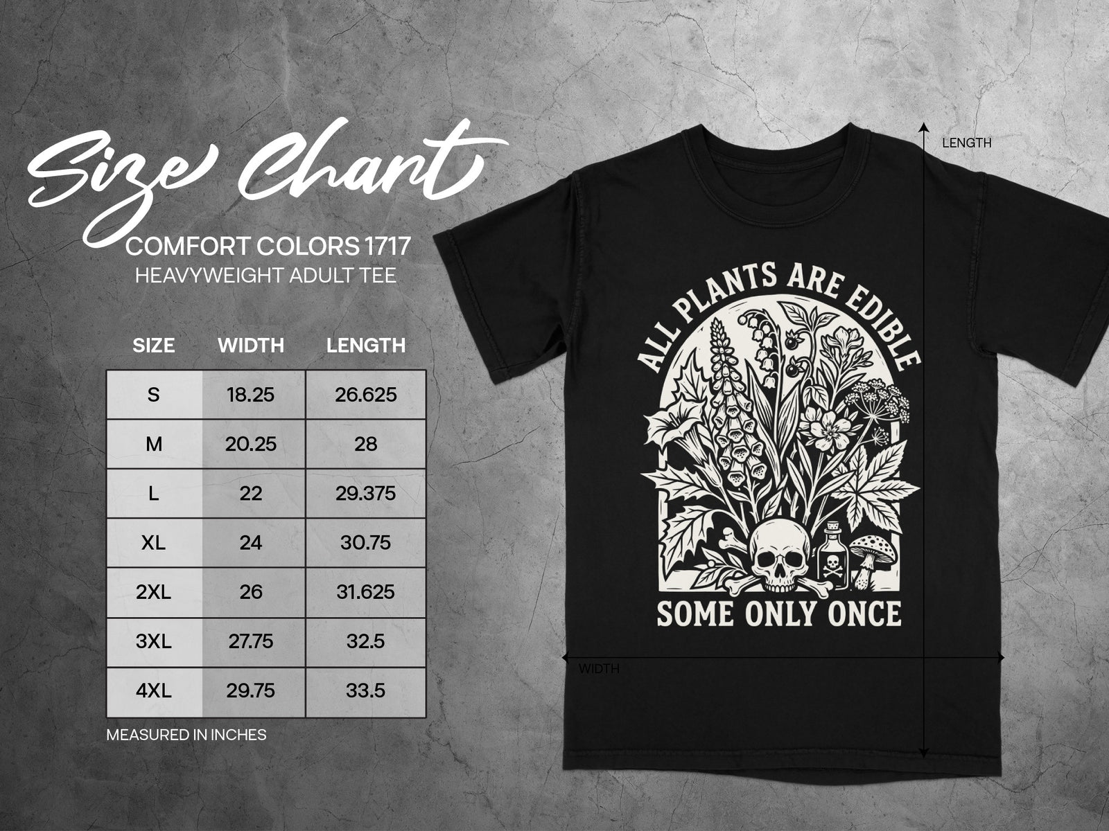Size chart for black Comfort Colors 1717 heavyweight adult tee with floral skull graphic.
