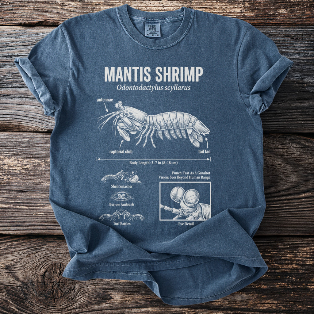 T-shirt with a diagram of a mantis shrimp labeled with its scientific name and features.