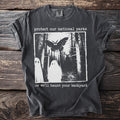 Dark t-shirt with "protect our national parks or we'll haunt your backyard" text and graphic.